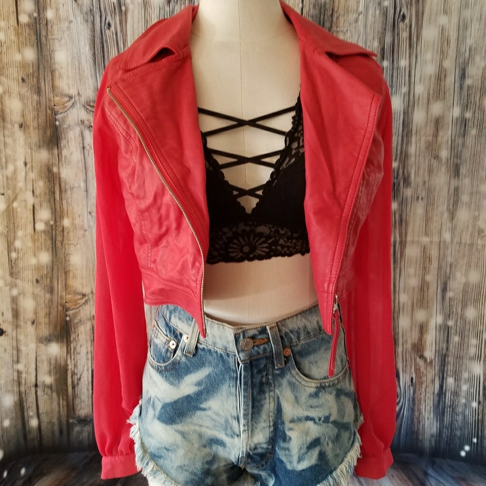 Coral faux leather jacket